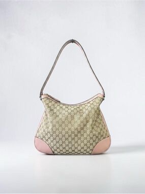 Gucci Bree Medium GG Supreme Hobo Bag Pink Leather Trim Authentic